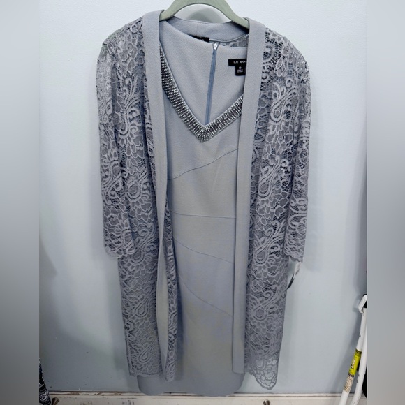 Gray Shift Dress With Lace Overlay M